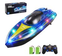 Barco Teledirigido, 2.4GHz Lancha Teledirigida con Luces LED, 2 Baterías, 90+ Mins, Alerta de batería baja, 15KM/H Barco RC para Piscinas Lagos, Juguete acuático para Adultos, niños de 14 años arriba