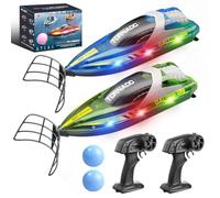 Barco Teledirigido RC 2 Unidades, Control Remoto 2.4GHz,Doble Hélice, Modo Dual de Velocidad, Luces LED, función Flip automática, 4 Baterías Recargables,para Niños y Adultos, Ideal para Piscina y Lago