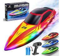 Barco Teledirigido RC con Luces LED 7 Modos,hasta 15 km/h, Control Remoto 2.4GHz, Auto Flip y Alerta de Batería Baja y Distancia,2 Baterías,Barco RC para Piscina y Lago,Regalo para Niños y Niñas.-Rojo