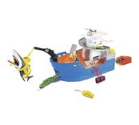 Barco tiburón con luz y Sonido: grúa de Trabajo, Lanzador de Botes de Rescate, almacenaje, Tirador de Coches, Incl. 1 vehículo de Metal, 1 helicóptero de Metal, 1 Submarino, 1 tiburón. (203779001)