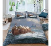 Barcos Vikingos navegando por Las Aguas del noreste de Inglaterra Funda De Edredón 3D, Juegos De Ropa De Cama Microfibra, Impresas De con Funda De Almohada 3 Piezas Niño Niña Super King（260x220cm）