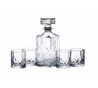 BarCraft Juego de Decantador de Whisky y Vaso de Regalo, Juego de 5 Piezas de Cristal Tallado, Decantador de 900ml con Tapón de Sello de Silicona y 4x Vasos, 26 x 10 x 24cm