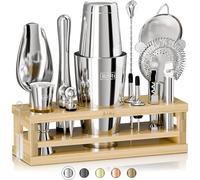 BARE BARREL® Kit de fabricación de cócteles | Kit de coctelera de 16 piezas | Soporte de exhibición de bambú y 35 tarjetas de recetas | Juego de regalo de cóctel Mixology (coctelera Boston de 800 ml,