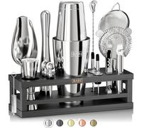 Bare Barrel Kit de preparación de cócteles | Kit de coctelera de 16 Piezas | Soporte de exhibición de bambú y 35 Tarjetas de Recetas | Juego de Regalo de cóctel Mixology (coctelera Boston de 800 ml