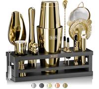 BARE BARREL® Kit de preparación de cócteles | Kit de coctelera de 16 piezas | Soporte de exhibición de bambú y 35 tarjetas de recetas | Juego de regalo de cóctel Mixology (coctelera Boston de 800 ml,