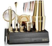 Bare Barrel® Pro Cocktail Kit | Mixology Bartender Kit | 14-Piece Boston Cocktail Shaker Set | Home Bartending Tool Kit Bar Accessories | Stand & 35 Recipe Cards | Gift Set (Black Gold)