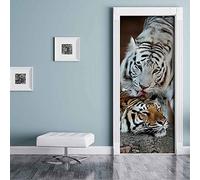 BARFPY Adhesivo para puerta con efecto 3D Pintura animal tigre Autoadhesiva Vinilo Removible de Arte Puerta Pegatina Pared Murales para dormitorio Cocina Sala de Baño Decoración del Hogar 77x200cm