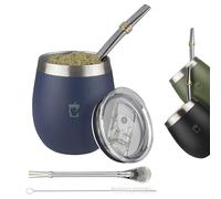 BARGRIN Kit Mate Argentino Completo - Incluye Bombillas Para Mate - Capacidad 8oz - Dos Bombillas de Acero y Cepillo para Limpieza (Azul)