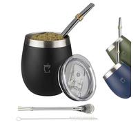 BARGRIN Kit Mate Argentino Completo - Incluye Bombillas Para Mate - Capacidad 8oz - Dos Bombillas de Acero y Cepillo para Limpieza (Negro)