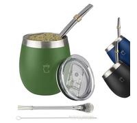 BARGRIN Kit Mate Argentino Completo - Incluye Bombillas Para Mate - Capacidad 8oz - Dos Bombillas de Acero y Cepillo para Limpieza (Verde)