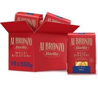 Barilla Mezzi Rigatoni - Pasta de bronce, 100% bronce italiano dibujado con trigo con bronce crudo, formato grueso y completo, alta resistencia a la salsa y al hervir, 16 paquetes de 500 g