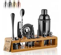 Barillio Elite - Kit de Barman de 23 Piezas con coctelera de Acero Inoxidable con Soporte de bambú, Bolsa de Transporte de Terciopelo y Libro de Recetas, 23 Piezas de Bar Conjunto con Soporte, Color
