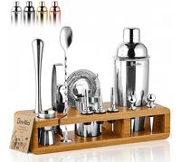 Barillio Elite Mixology - Juego de coctelera para Barman con Herramientas de Barra, Elegante Soporte de bambú, Bolsa de Transporte de Terciopelo y folleto de Recetas