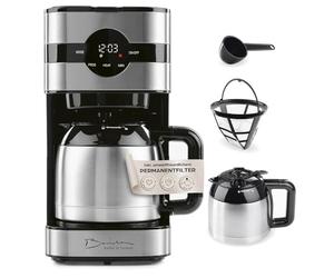 Barista - Cafetera con filtro con jarra aislada, temporizador de 24 horas y filtro permanente, para 8 tazas de café, cafetera para polvo [acero inoxidable]