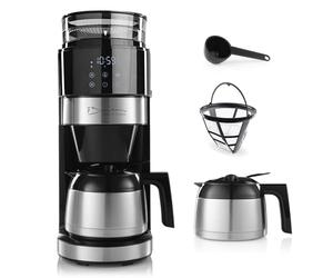 Barista Cafetera negra con pantalla táctil digital de 800 W + molinillo integrado y jarra aislada, cafetera de filtro con molinillo de café y jarra térmica