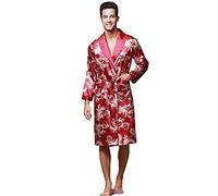 BaronHong Hombres Seda Lujoso Dragón Estampado Ropa de Dormir Pijama Albornoz (Rojo, L)