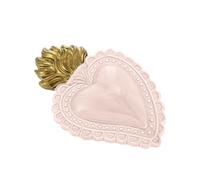 Baroni Home Corazón sagrado antiguo de cerámica pintada a mano con llama, arte sacro tradicional, decoración de pared para el hogar, rosa pálido, 16 x 11 cm