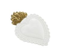 Baroni Home Corazón Sagrado Ex-Voto en Cerámica Pintada a Mano con Llama, Arte Sacro Tradicional, Decoración de Pared para el Hogar, Blanco, 16x11 cm