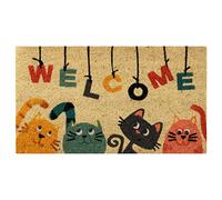Baroni Home Felpudo de exterior para entrada de casa de coco pintado a mano, 70 x 40 cm, fácil de limpiar y súper resistente, (Gatos con inscripción «Welcome»)