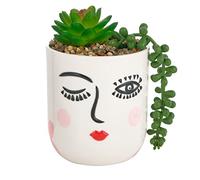 Baroni Home Jarrón cabeza de cerámica con cara, maceta con planta artificial incluida, decoración moderna, figura de interior o exterior, 10 x 10 x 16 cm - Ojal