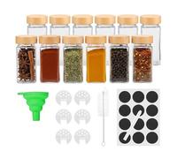 Baroni Home Juego de 12 tarros para especias de cristal con tapón de madera de 120 ml, contendientes especias, etiquetas pizarra, rotulador, embudo, escobilla dosificador, 4,5 x 4,5 x 11 cm