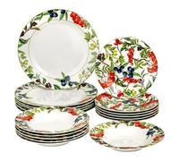 Baroni Home Juego de 18 Platos de Porcelana, Servido de Mesa Colorida para 6 Personas, Plato Hondo, Llano, de Fruta o Postre, Diseño de Bayas
