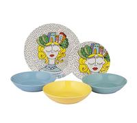Baroni Home Juego de 18 Platos de porcelana y gres, Vajilla para 6 personas, Set Completo, Conjunto de Platos planos, hondos y platillos para postre (Fantasia City Girl)