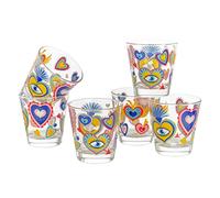 Baroni Home Juego de 6 vasos de agua con decoración colorida impresa, cristales de colores lavables en lavavajillas, 25 cl, fantasía ex voto