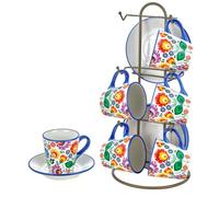 Baroni Home Juego de tazas de cerámica decoradas con platillos y soportes, utensilios de cocina, coloridos, resistentes, línea Flora, 15 x 13 x 29 cm