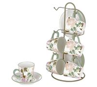 Baroni Home Juego de tazas decoradas de cerámica con platos y soporte, accesorio de cocina colorido resistente, línea Rose, 15 x 13 x 29 cm
