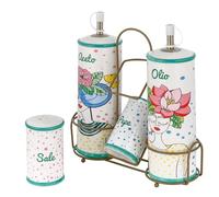 Baroni Home Ménagerie Aceite Vinagre Sal Pimienta en Cerámica con Soporte de Metal, Porta Condimentos, Accesorios de Cocina Coloridos y Resistentes, Línea Stylish, 21x7,5x22 cm