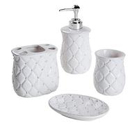 Baroni Home Montemaggi - Juego de baño de cerámica de 4 Piezas - Color clásico Blanco matelassé Incluye dispensador de jabón, portacepillos de Dientes, Vaso y jabonera.