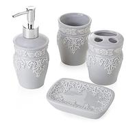 Baroni Home Montemaggi - Juego de baño de cerámica de 4 Piezas - Color Gris Claro Incluye dispensador de jabón, portacepillos de Dientes, Vaso y jabonera.