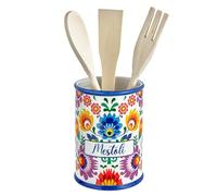 Baroni Home Portacucharones Decorado de Cerámica con Cucharones Incluidos, Accesorio de Cocina Colorido Resistente, Línea Flora, 11 x 11 x 25 cm