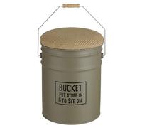 Baroni Home Puf contenedor de metal gris con asiento acolchado revestido de yute, con mango de metal y madera, estilo cubo vintage, perfecto para casa, entrada y dormitorio