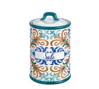 Baroni Home Salero de Cerámica Decorado, Tarro de Almacenamiento de Cocina con Tapa Hermética para Guardar el Aroma, Tarro de Sal de Calidad, Línea Capri, 11x11x17 cm