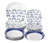 Baroni Home Servicio de Platos de 18 Piezas de Porcelana y Gres, Servido de Mesa Colorida para 6 Personas, Plato Hondo, Llano, de Fruta o Postre, Arcos Azules