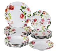 Baroni Home Servicio de platos de 18 piezas de porcelana y gres, servido de mesa colorida para 6 personas, plato hondo, llano, de fruta o dulce, rosas