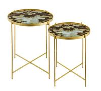 Baroni Home Set de 2 Mesas de Centro, Mesas Bajas con Efecto Mármol, Pareja de Mesas de Café con Estructura de Metal Dorado, Verde y Hielo