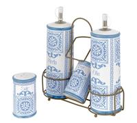 Baroni Home Set de aceitera, vinagrera, salero y pimentero de cerámica con soporte metálico, accesorio de cocina resistente al color, línea de mayólica azul, 21 x 8 x 22 cm
