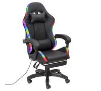 Baroni Home Silla Gaming Ergonómica con Almohadilla Lumbar, Luces LED Regulables y Reposapiés Extraíble, Silla de Oficina con Respaldo Inclinable y Altura Ajustable, Negra, 68x66x125-133 cm