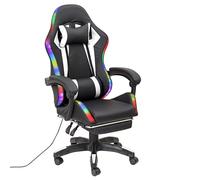 Baroni Home Silla Gaming Ergonómica con Cojín Lumbar, Luces LED Regulables y Reposapiés Extraíble, Silla de Oficina con Respaldo Inclinable y Altura Regulable, Led Blanco, 68x66x125-133 cm
