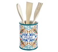 Baroni Home - Soporte para cucharones de cerámica decorado, portaherramientas de cocina con 3 cucharones de madera, soporte de cubiertos de almacenamiento, línea Capri pintada a mano, 11x11x25 cm