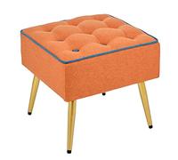 Baroni Home Taburete Acolchado de Tela, Taburete Cuadrado con Patas de Madera Natural, reposapiés, Silla, 40x40x35 cm, Color Naranja con Borde Azul