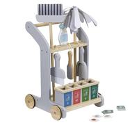 Baroni Toys Carro de Limpieza de Madera Montessori, 8 Piezas, Juego Educativo con Carro Entrenable, Incluye Escoba y Recogedor, Fregona, Cepillo, Accesorios de Recogida de Residuos, 29x32x48 Cm
