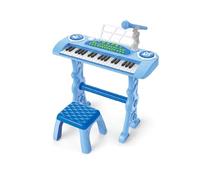 Baroni Toys Teclado electrónico con taburete para niños a partir de 3 años con micrófono, piano musical con melodías y sonidos educativos, teclado de 37 teclas con silla azul