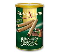 Barquillos de Chocolate, caja de 2,4 KG - Pack de latas de Barquillos (12 latas x 200 gramos) - Barquillo de galleta crujiente, relleno de intenso y cremoso chocolate. Antiu xixona Receta Original.
