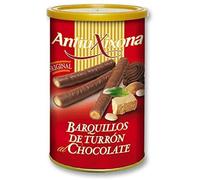 Barquillos de Turrón al Chocolate, Caja o Pack de 2,4 KG (12 latas x 200 gramos) - Barquillo de galleta crujiente bañada de Chocolate y relleno de intenso Turrón. Antiu Xixona Receta Original.