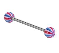 Barra acrílica para lengua o pezón de melón con barra de acero quirúrgico. Una barra, bolas azul-rojas. El tamaño es de 1,6 mm de calibre, 14 mm de longitud (la longitud más popular), bolas de 5 mm