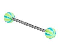 Barra acrílica para lengua o pezón de melón con barra de acero quirúrgico. Una barra, bolas azul-verdes. El tamaño es de 1,6 mm de calibre, 14 mm de longitud (la longitud más popular), bolas de 6 mm